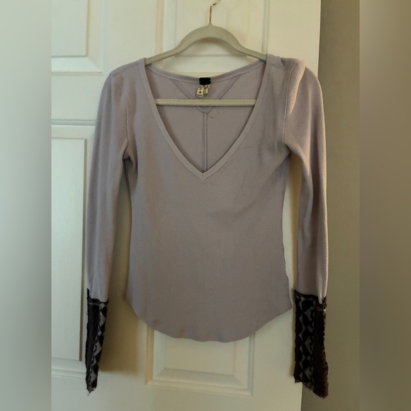 Free people Art School Embroidered Lavender thermal waffle Anthropologie Sz S - Picture 4 of 9